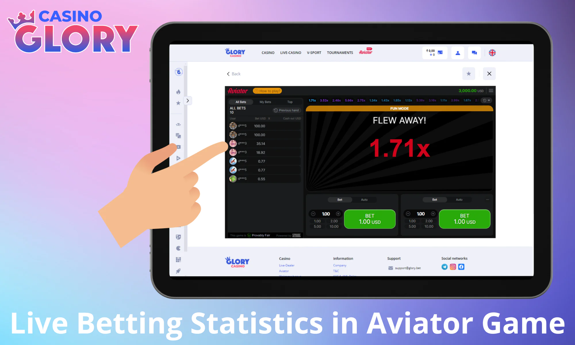 Live betting statistics in Glory Casino Aviator